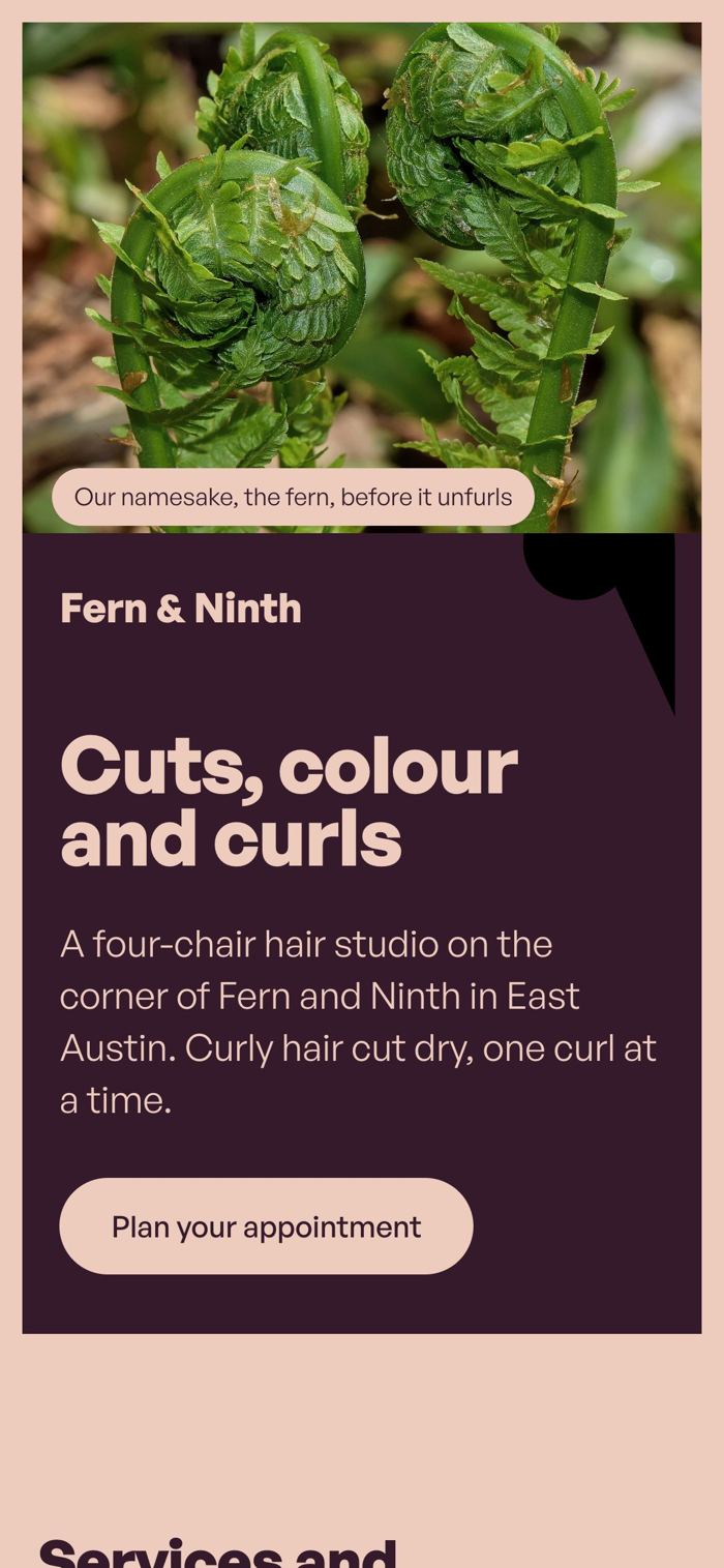 Fern & Ninth homepage on a phone