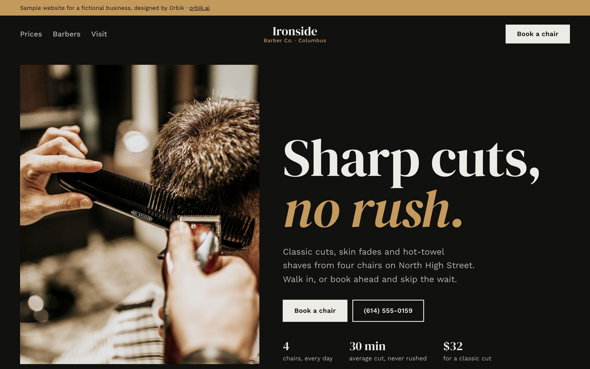 Ironside Barber Co. homepage on a desktop