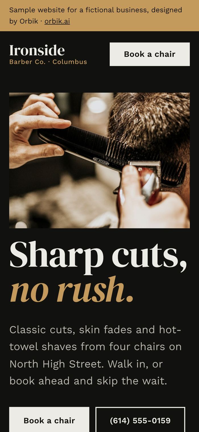 Ironside Barber Co. homepage on a phone