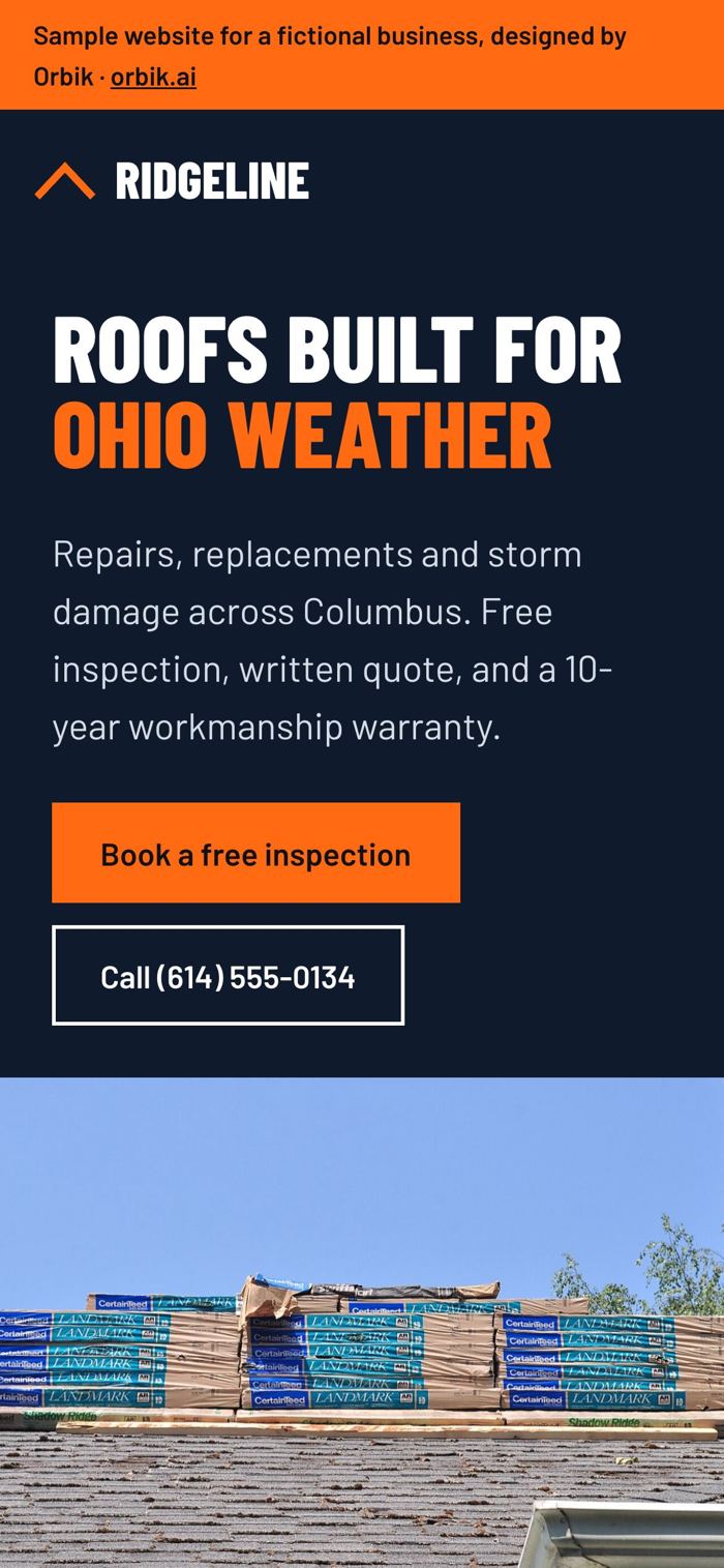 Ridgeline Roof Works sample site on a phone