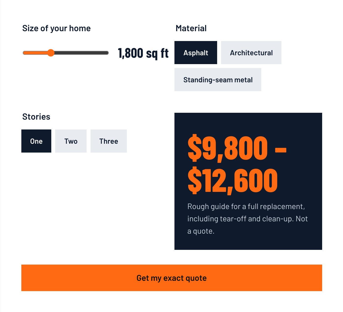 Roof cost estimator on a sample roofing site