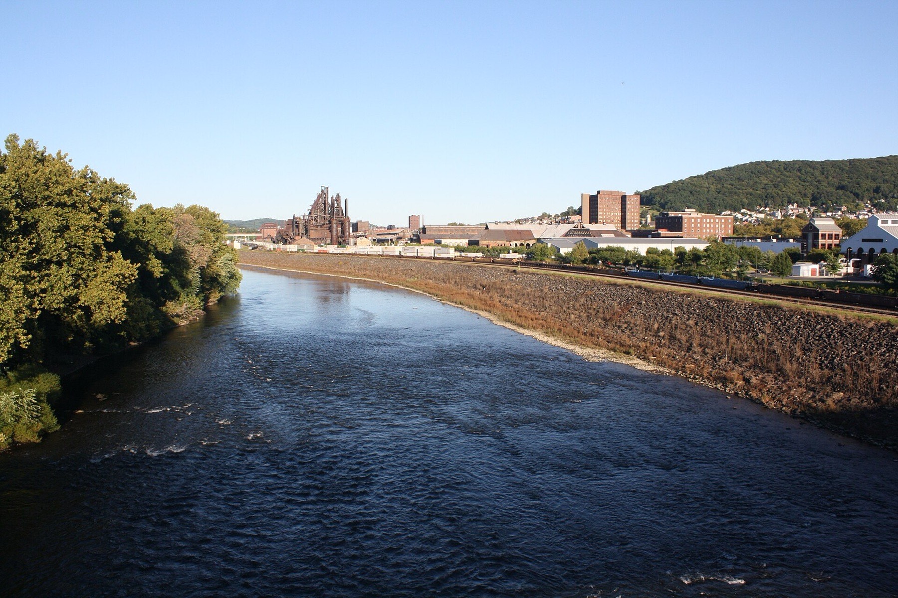 The Lehigh River at South Bethlehem, with the old steel works and South Mountain behind
