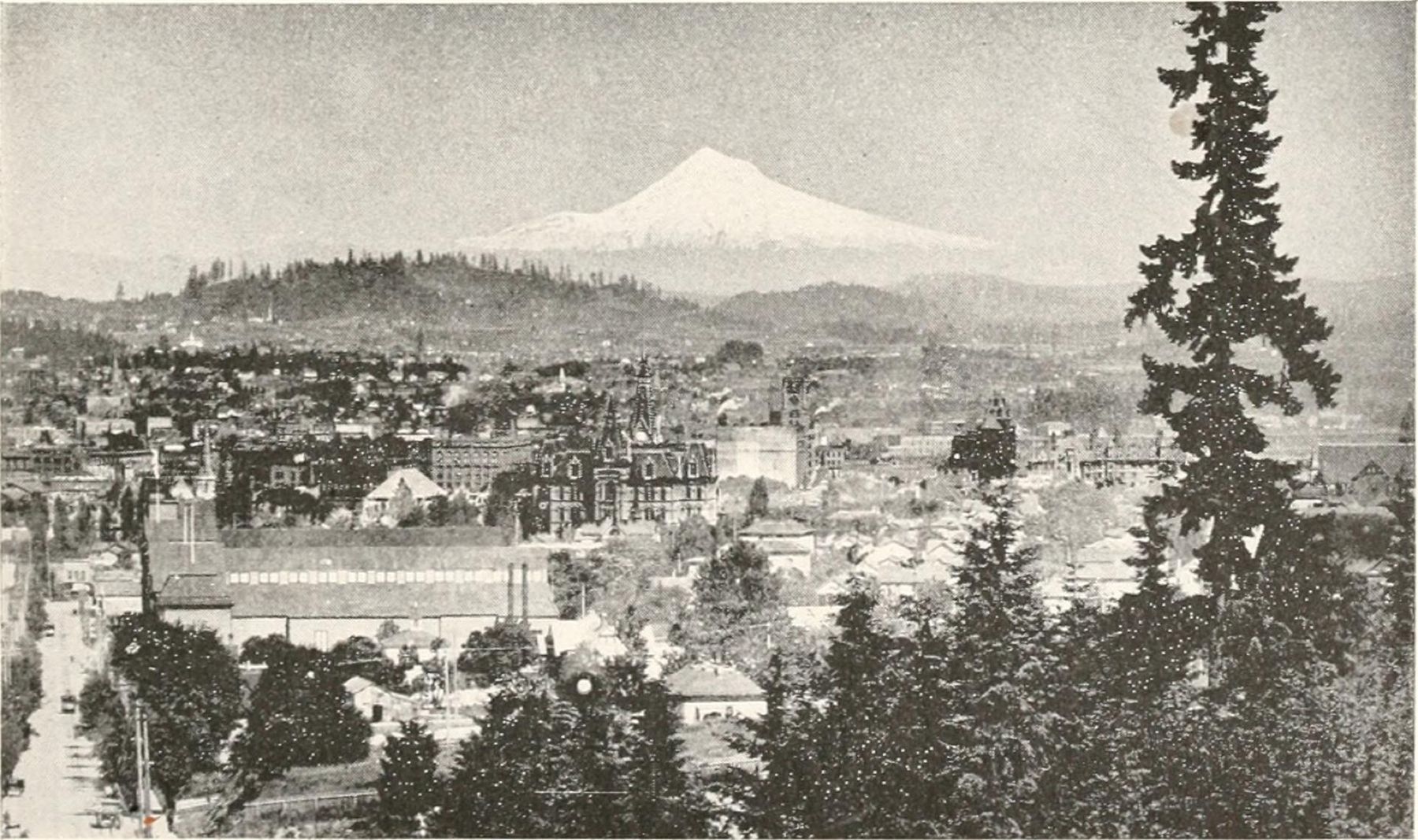 Old print of Portland, Oregon, with Mount Hood behind the city