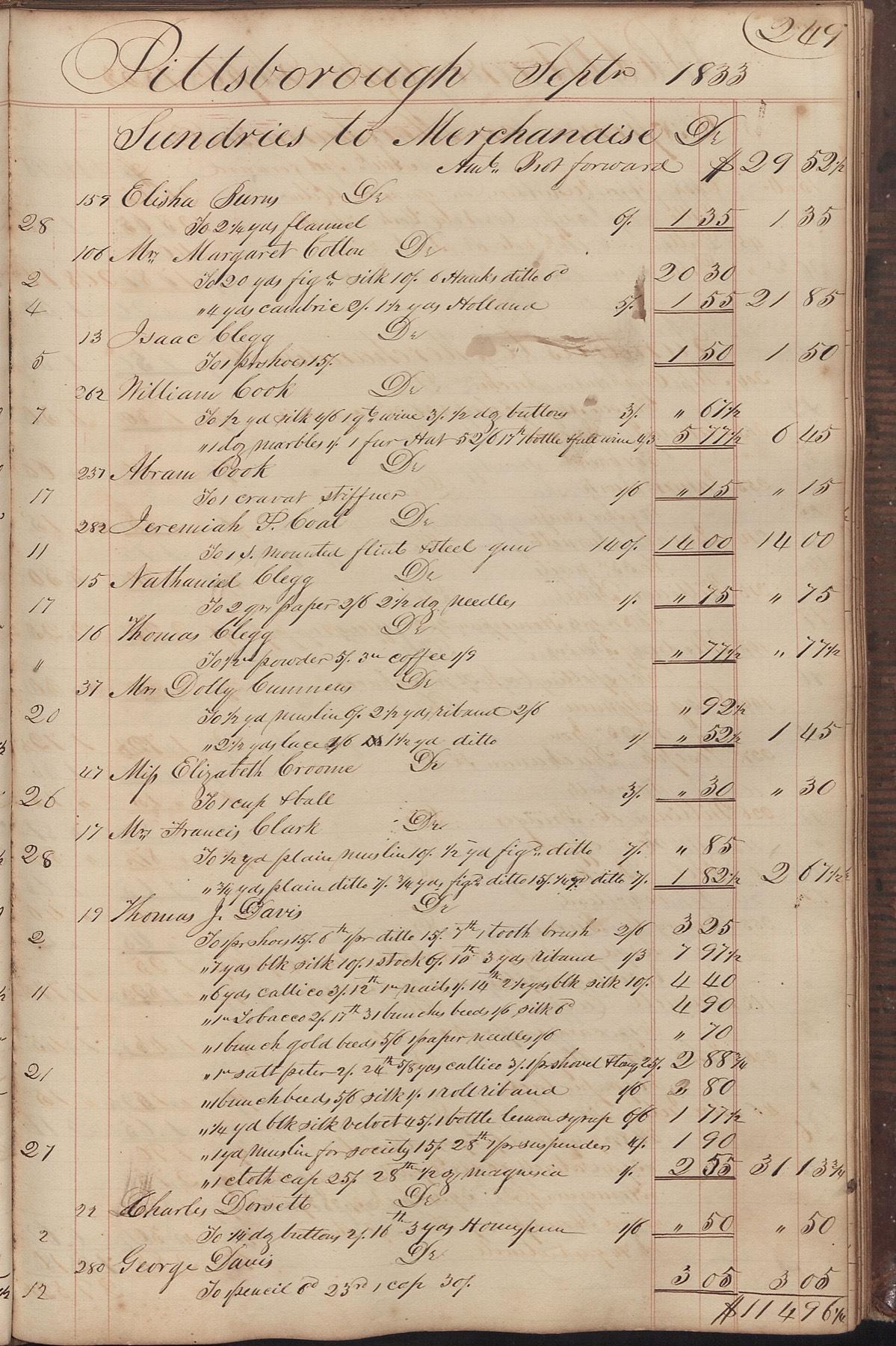 A merchant's ledger page from the 1830s with handwritten accounts