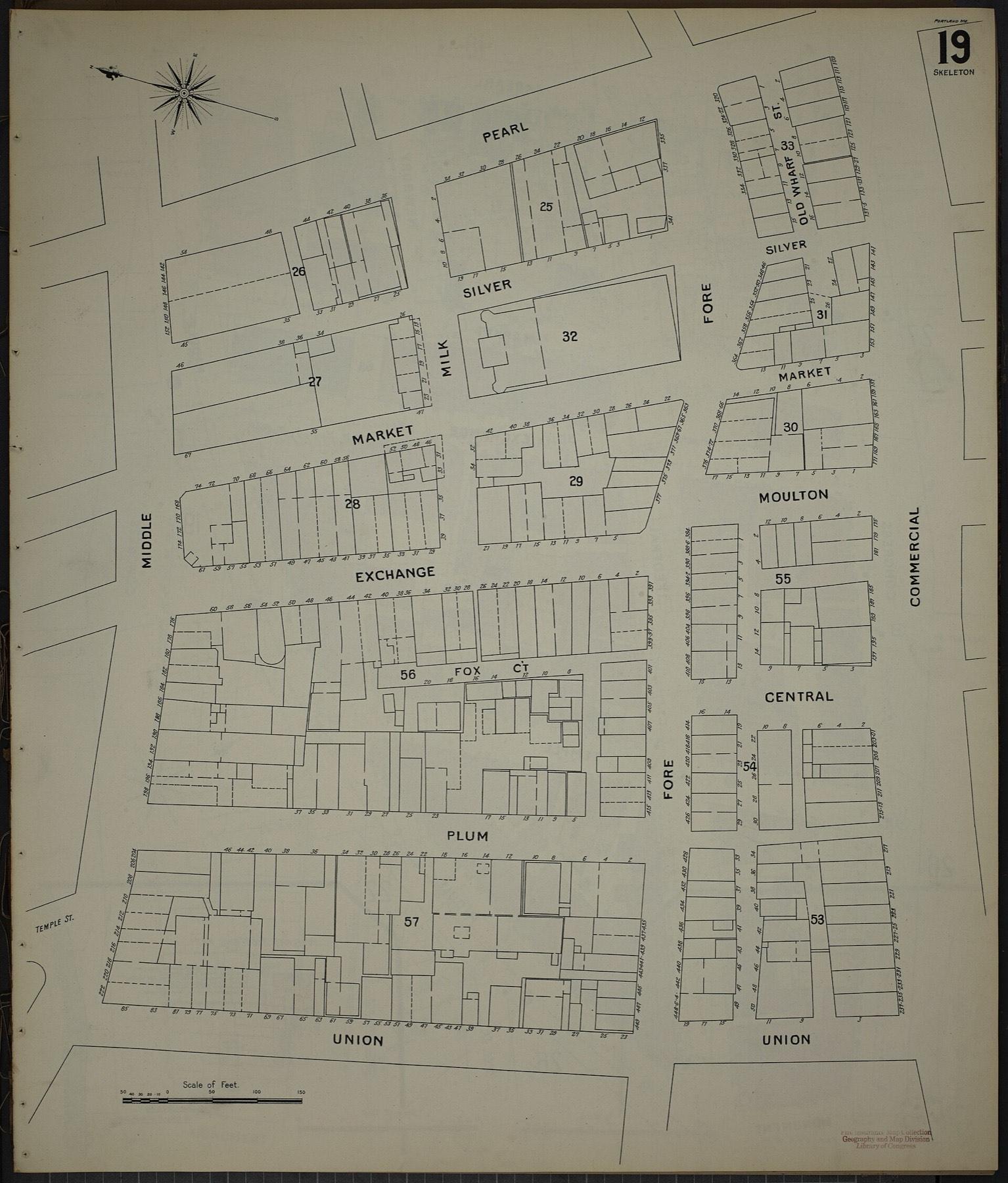 An 1896 insurance map of downtown Portland showing Exchange, Market and Fore Streets